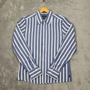 Vintage Hollister Shirt Mens Large Blue White Vertical Stripe Button Up Y2K